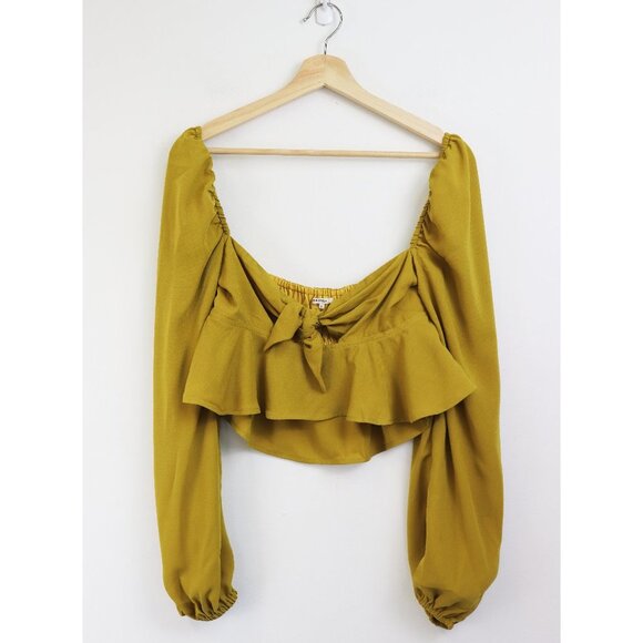 Tularosa Tops - Tularosa Off Shoulder Long Sleeve Cutout Bow Front Peplum Crop Top Yellow Small‎